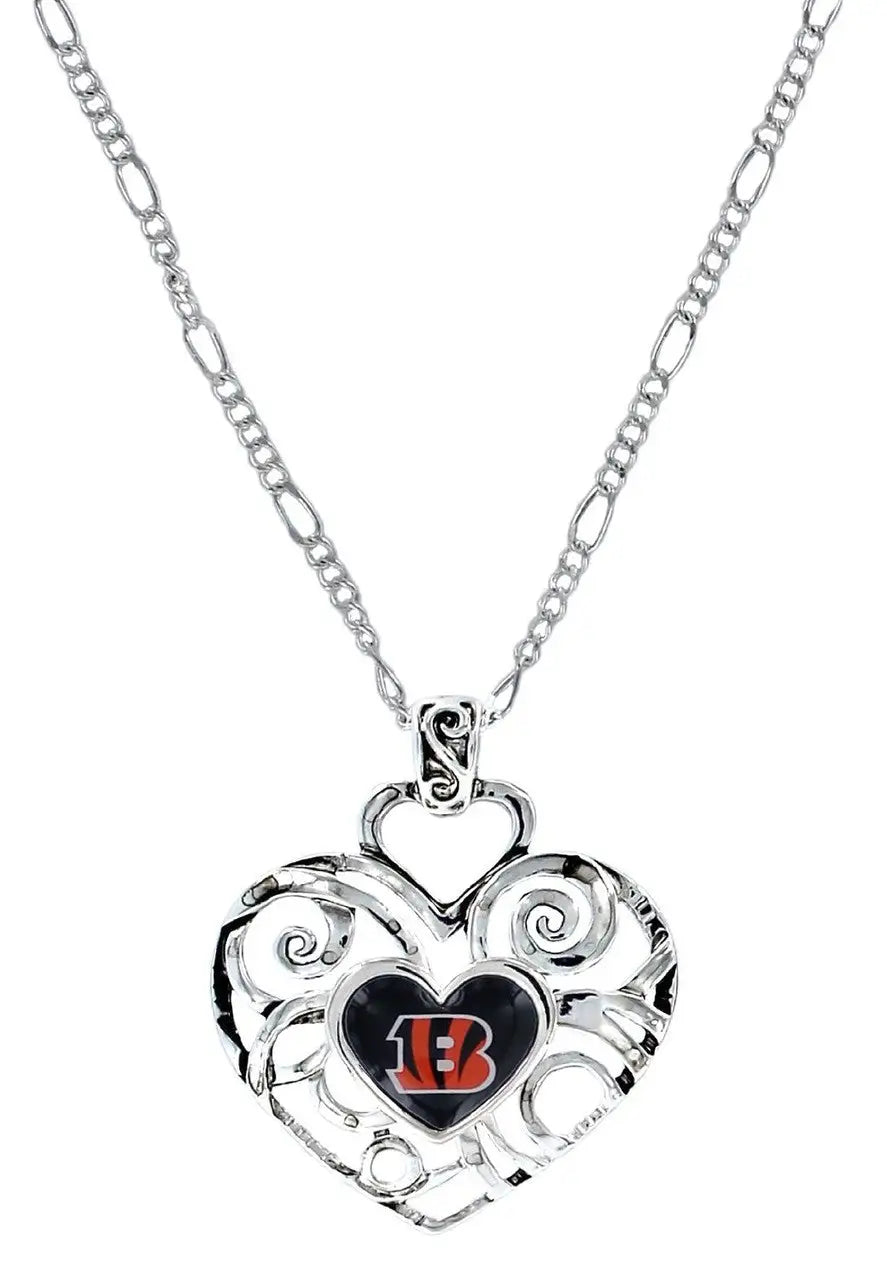 Silver heart pendant featuring intricate filigree and Cincinnati Bengals team logo
