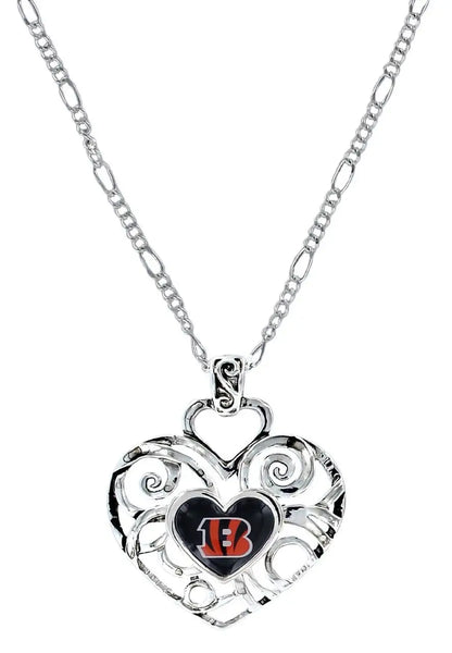 Silver heart pendant featuring intricate filigree and Cincinnati Bengals team logo