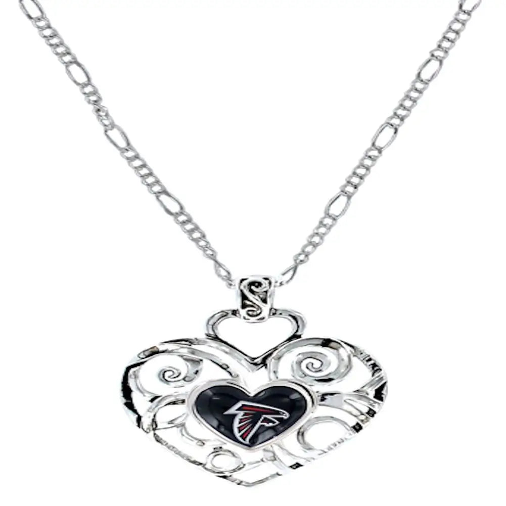 Silver heart pendant necklace with swirled design and Atlanta Falcons team logo