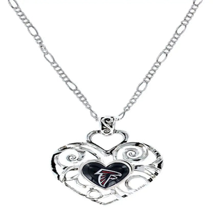 Silver heart pendant necklace with swirled design and Atlanta Falcons team logo