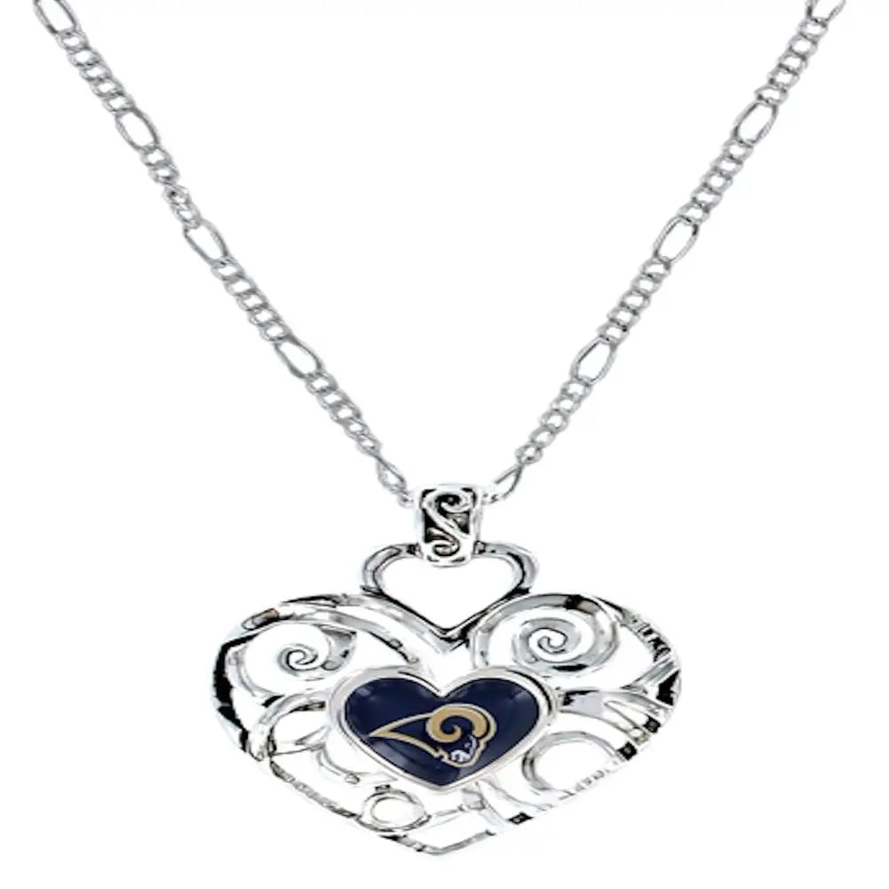 Heart-shaped silver pendant necklace with Los Angeles Rams logo for NFL team fans