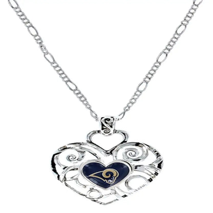 Heart-shaped silver pendant necklace with Los Angeles Rams logo for NFL team fans