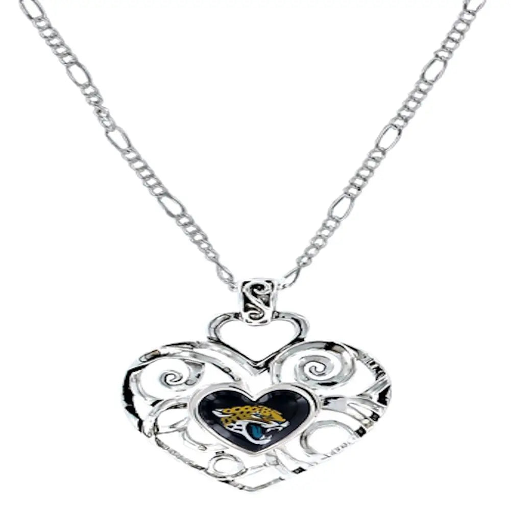 Heart-shaped silver pendant with filigree design and Jacksonville Jaguars logo for fans