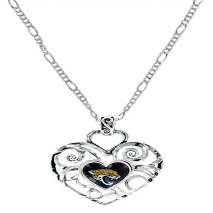 Heart-shaped silver pendant with filigree design and Jacksonville Jaguars logo for fans