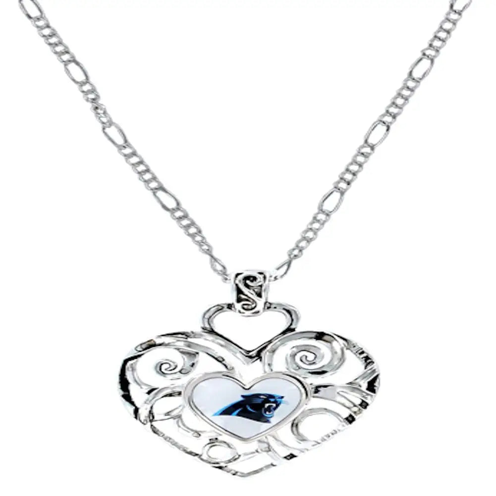 Silver heart-shaped pendant necklace with filigree and blue accent for NFL team fans