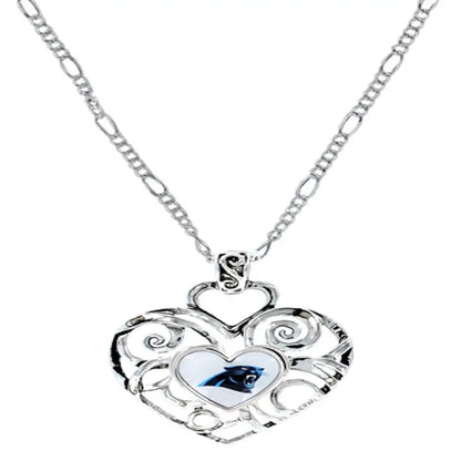 Silver heart-shaped pendant necklace with filigree and blue accent for NFL team fans