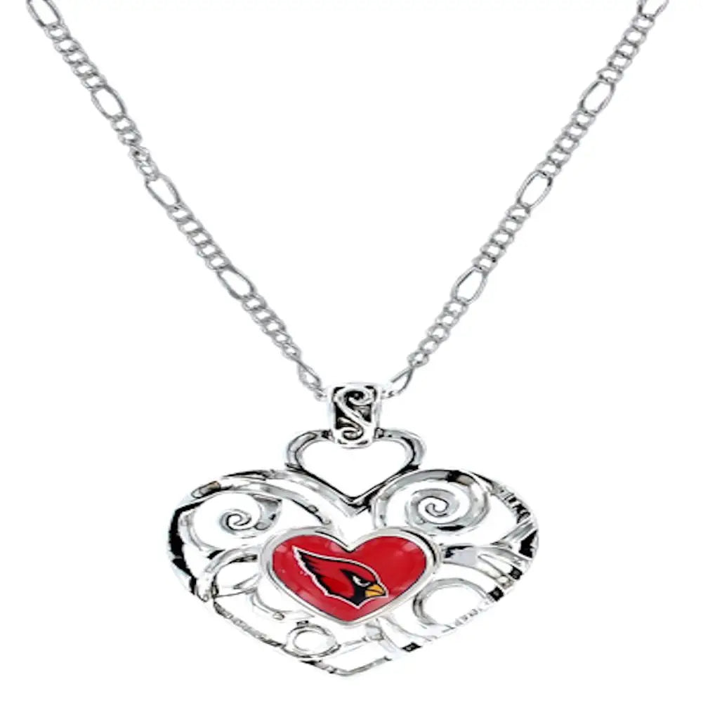 Heart-shaped Ivy pendant with red Arizona Cardinals logo and filigree design for fans