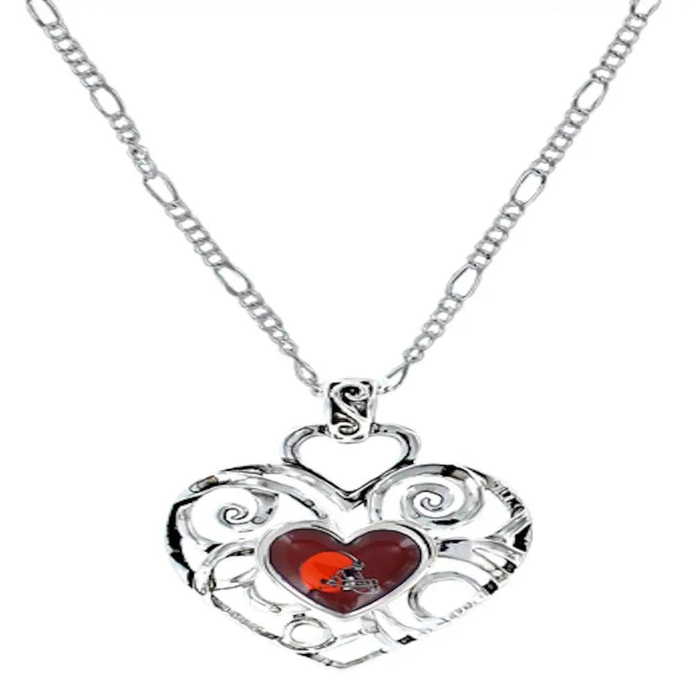 Heart-shaped silver pendant necklace with ivy design and red gemstone for NFL team fans