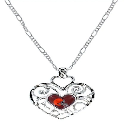 Heart-shaped silver pendant necklace with ivy design and red gemstone for NFL team fans