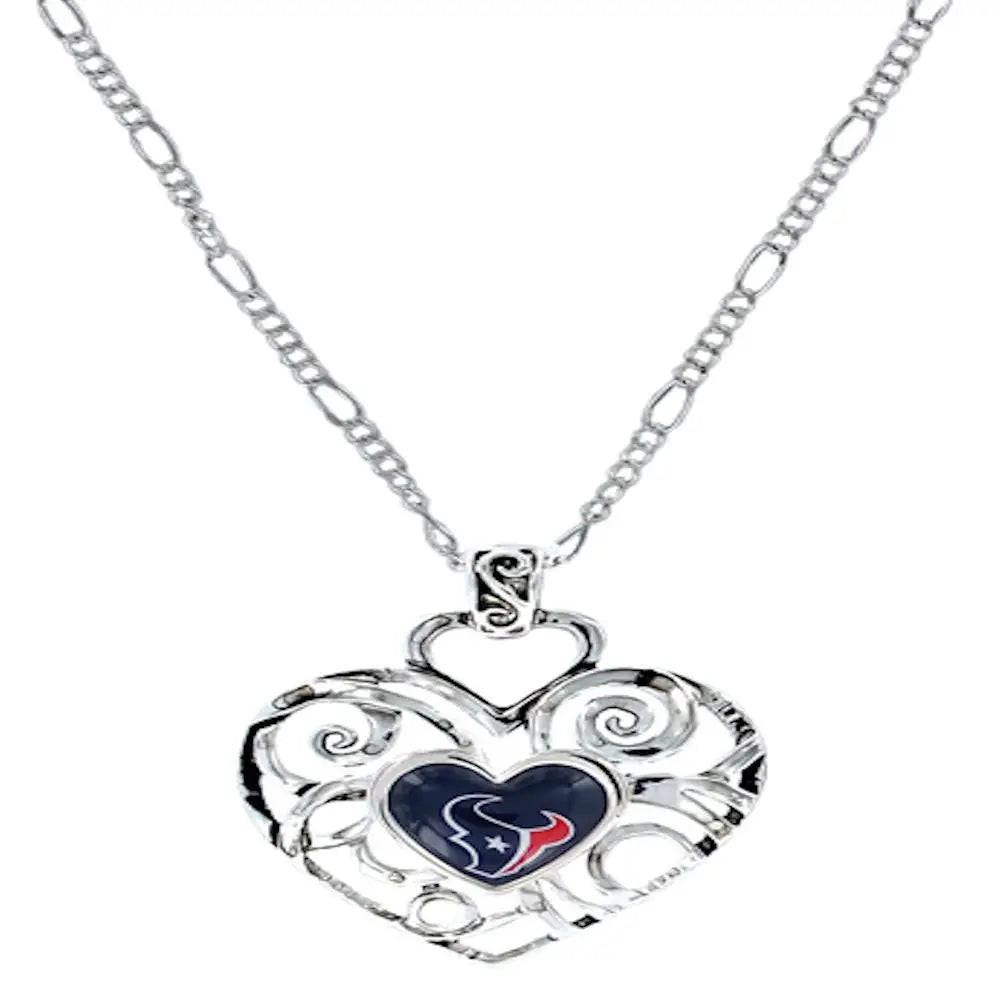 Silver heart-shaped pendant necklace featuring Houston Texans team logo for women