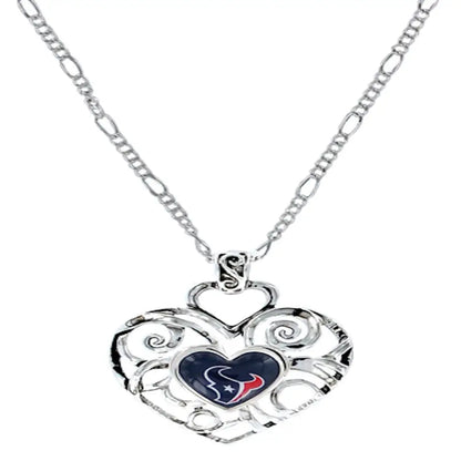 Silver heart-shaped pendant necklace featuring Houston Texans team logo for women