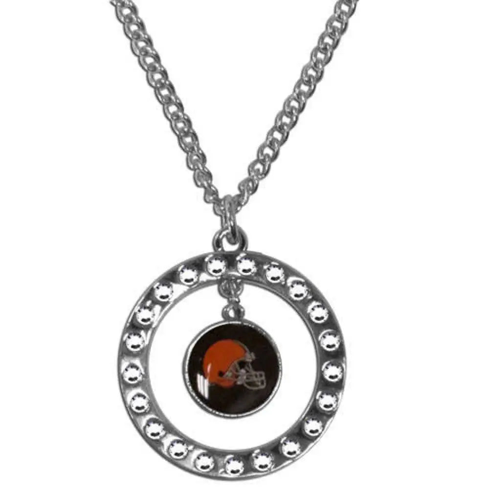 Cleveland Browns logo charm on a rhinestone hoop necklace for NFL fans