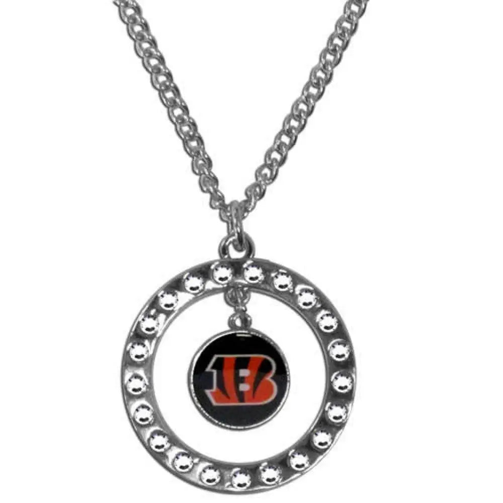 Circular pendant Rhinestone Hoop Necklace with Cincinnati Bengals logo charm and rhinestones