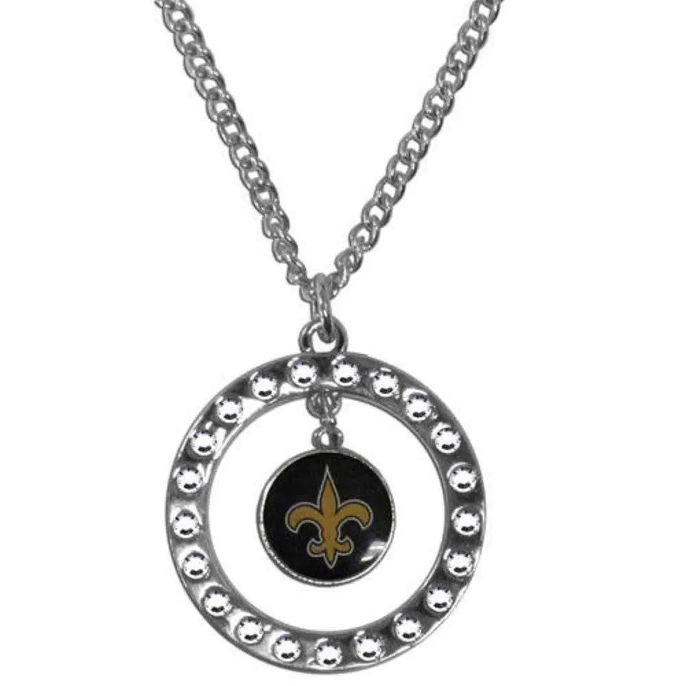Circular rhinestone hoop necklace with New Orleans Saints logo charm and rhinestones