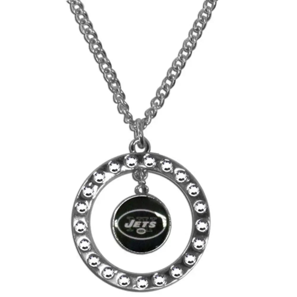 Silver Rhinestone Hoop Necklace with New York Jets Logo Pendant for NFL Fans