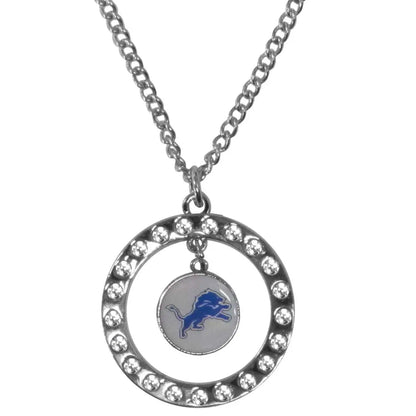 Silver rhinestone hoop necklace with Detroit Lions logo pendant and sparkling stones