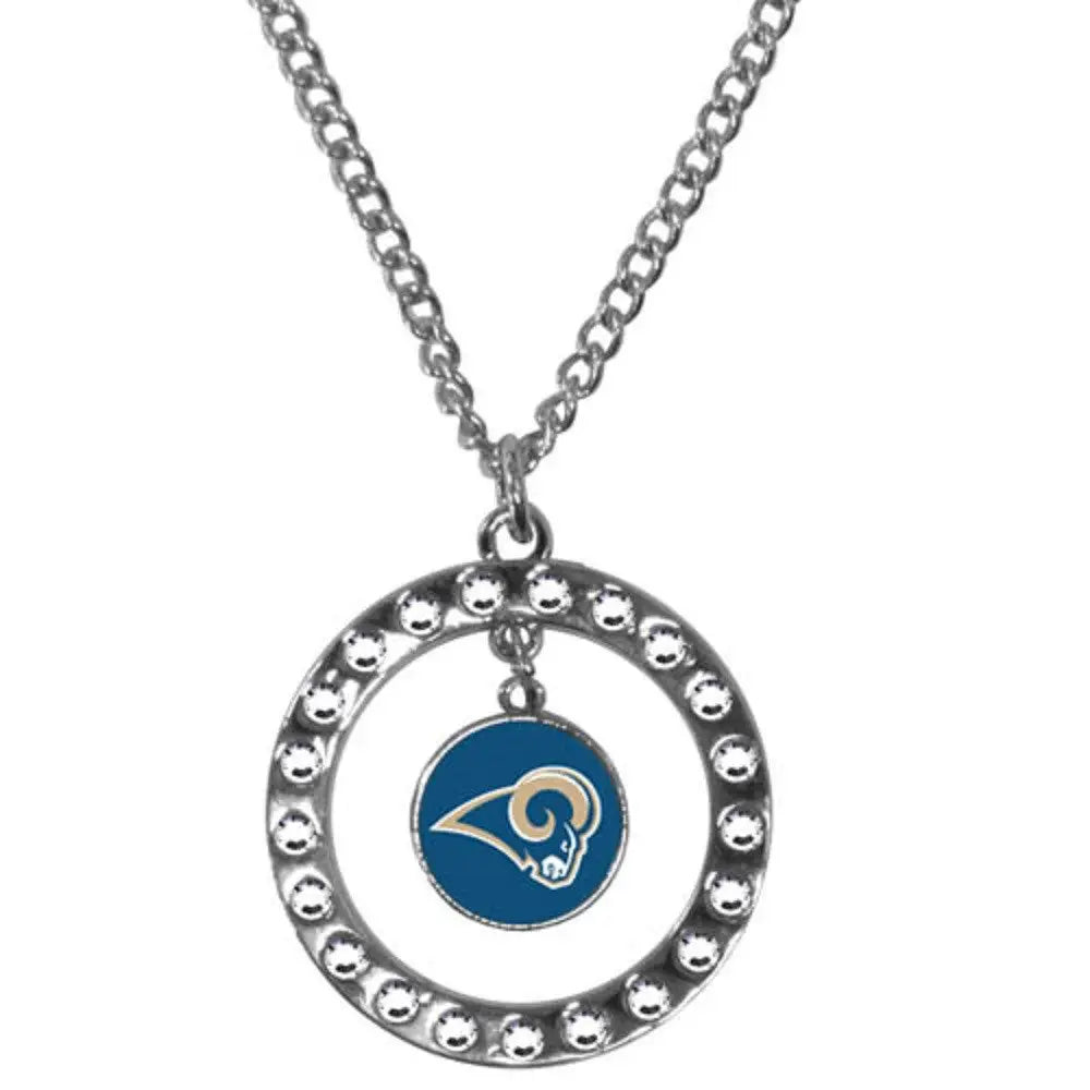 Circular rhinestone hoop necklace featuring Los Angeles Rams logo and sparkling accents