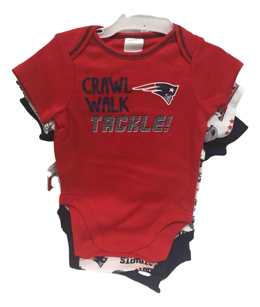 Red New England Patriots infant onesie with Crawl Walk Tackle text for young fans