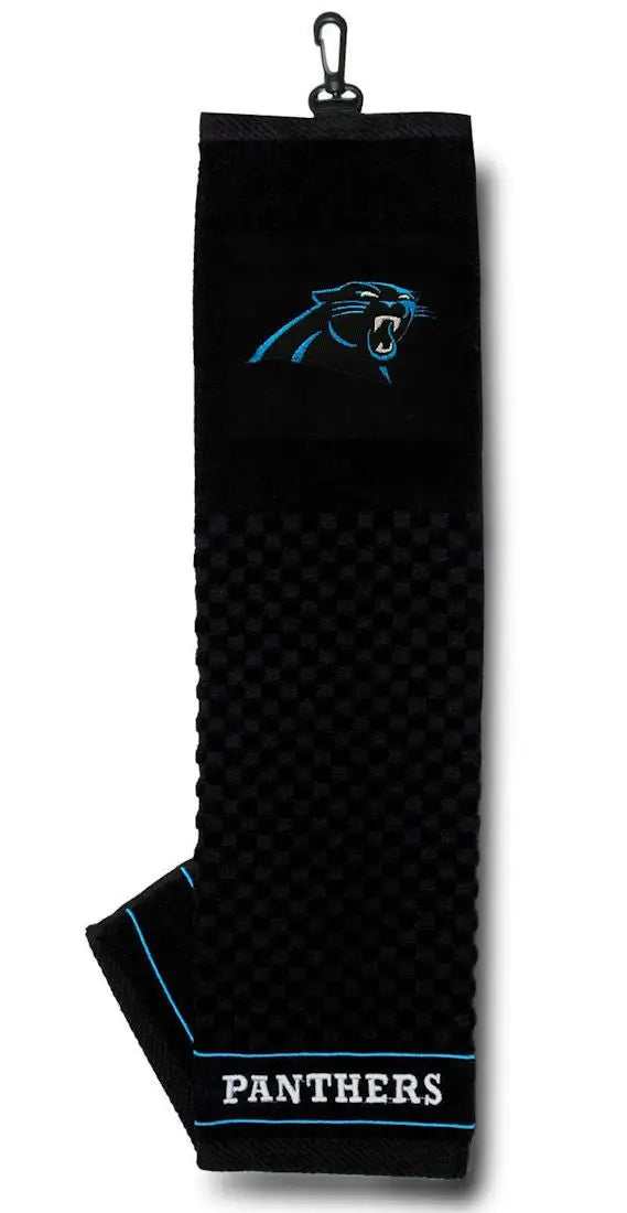Black embroidered golf towel featuring the Carolina Panthers logo and name