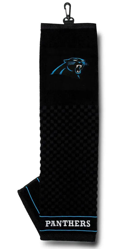 Black embroidered golf towel featuring the Carolina Panthers logo and name