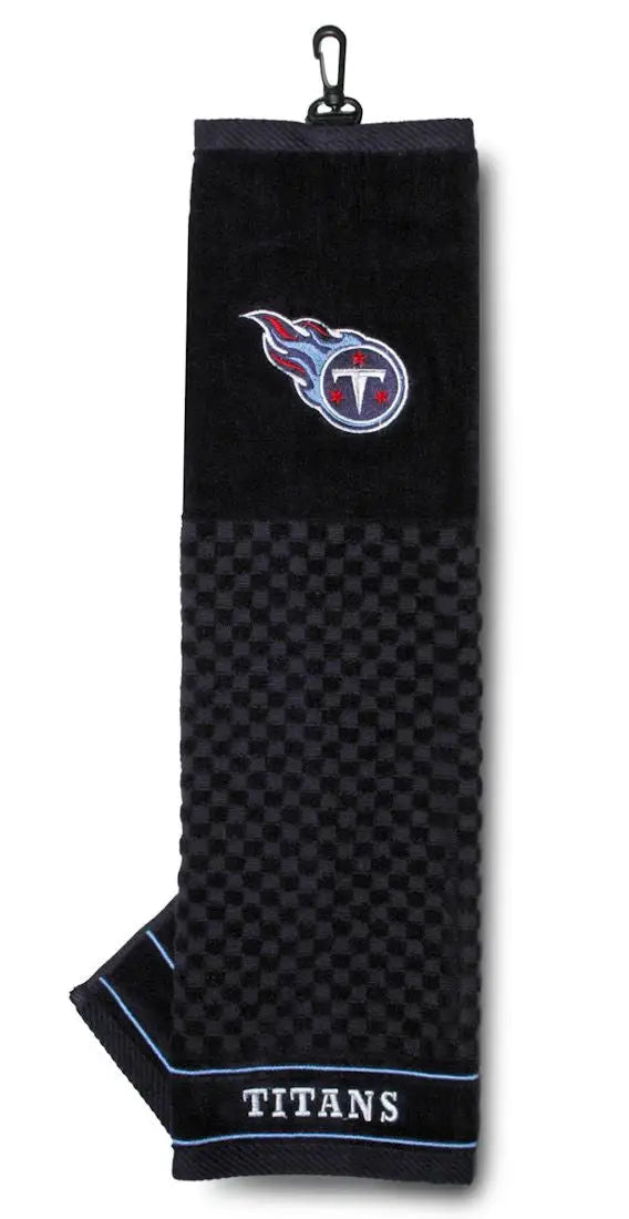 Black embroidered golf towel featuring Tennessee Titans logo and name for NFL fans