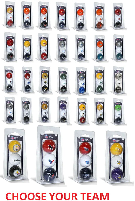 NFL Officially Licensed Golf Balls 3 Pack featuring team colors and sports-themed designs