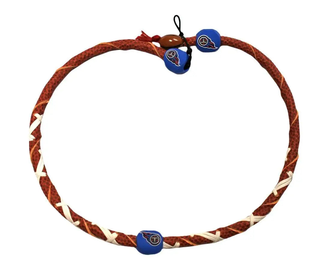 Braided leather necklace with blue and red beads for NFL team fans and trading cards