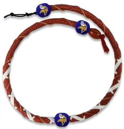 Braided leather bracelet and Minnesota Vikings logo beads for NFL team necklace