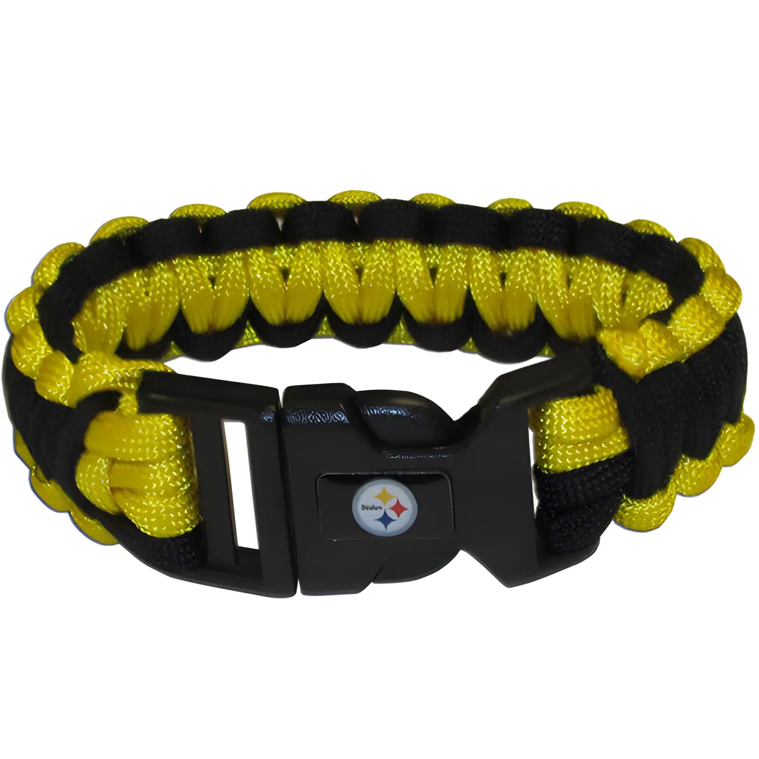 Braided yellow and black paracord survival bracelet with Pittsburgh Steelers logo clasp
