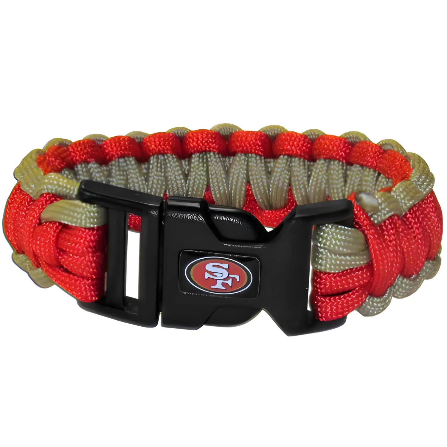 Paracord survival bracelet featuring San Francisco 49ers logo in team colored design