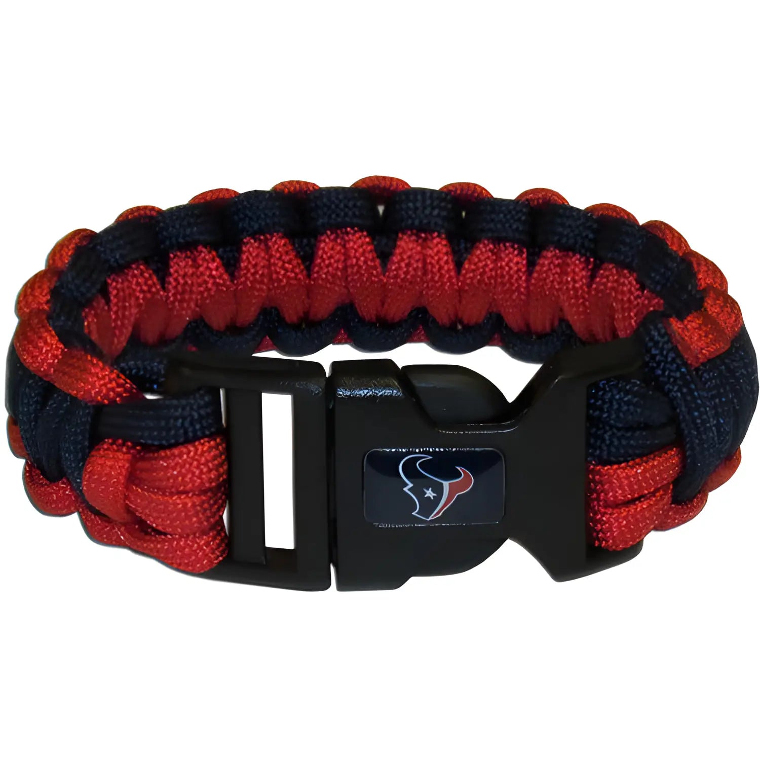 Braided paracord bracelet in red and navy blue with Houston Texans logo, team colored