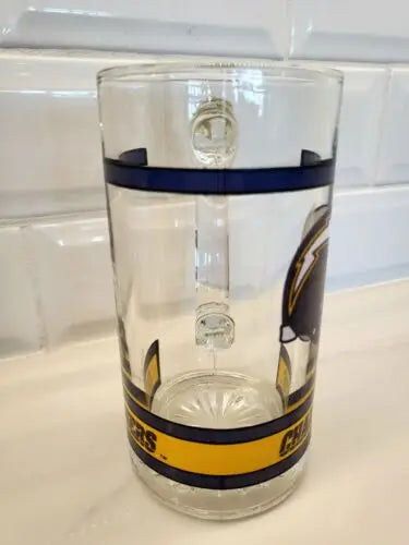 NFL San Diego Chargers beer stein featuring a thumbprint logo on a clear glass mug