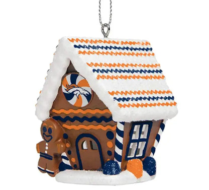 Gingerbread house ornament in Denver Broncos colors and logo for NFL Team collection