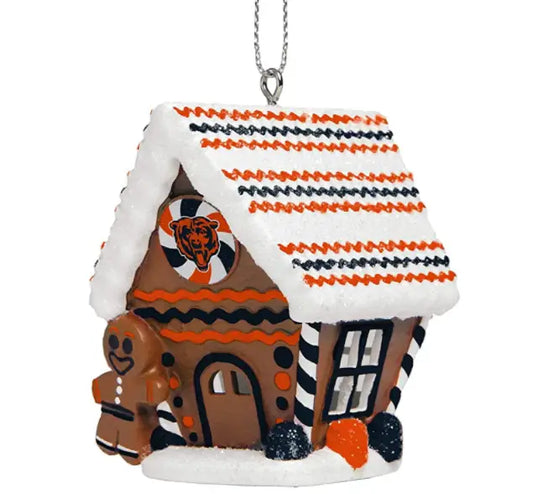 Gingerbread house ornament featuring Chicago Bears logo and colors for house ornament choose