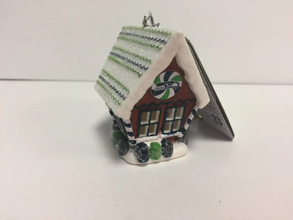 Miniature Christmas gingerbread house ornament with snow and candy for NFL Team Gingerbread House