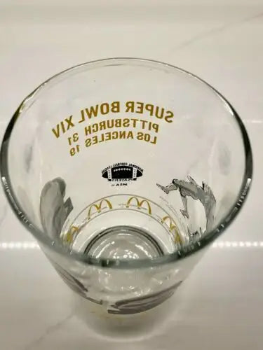 Super Bowl XIV glass featuring Pittsburgh Steelers in NFL Vtg Superbowl design