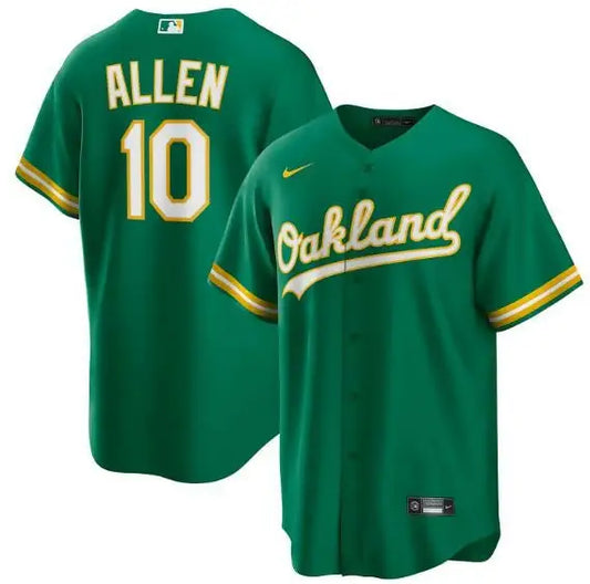 Green Oakland Athletics baseball jersey shown in Nick Allen Nike Home Replica Kelly Green product