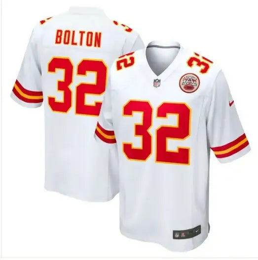 White Nick Bolton Kansas City Chiefs football jersey with red numbers and text