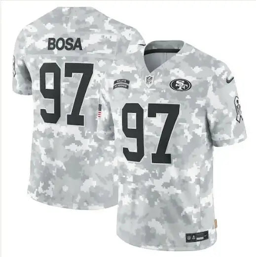 San Francisco 49ers Nick Bosa Salute To Service Arctic Camo football jersey