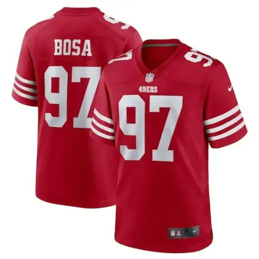 Red Nick Bosa San Francisco 49ers Nike game jersey with BOSA 97 in white lettering