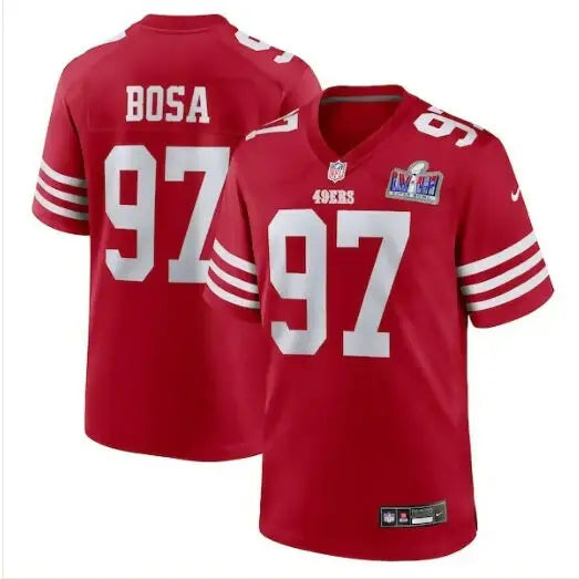 Red Nick Bosa San Francisco 49ers Nike Super Bowl LVIII jersey with 97 on front and back