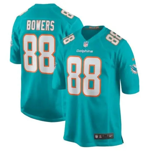 Teal Miami Dolphins Nick Bowers #88 Nike Game Jersey displayed in aqua color