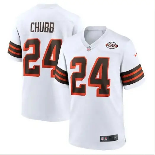 White Cleveland Browns Nick Chubb Nike 1946 Collection jersey with brown and orange accents