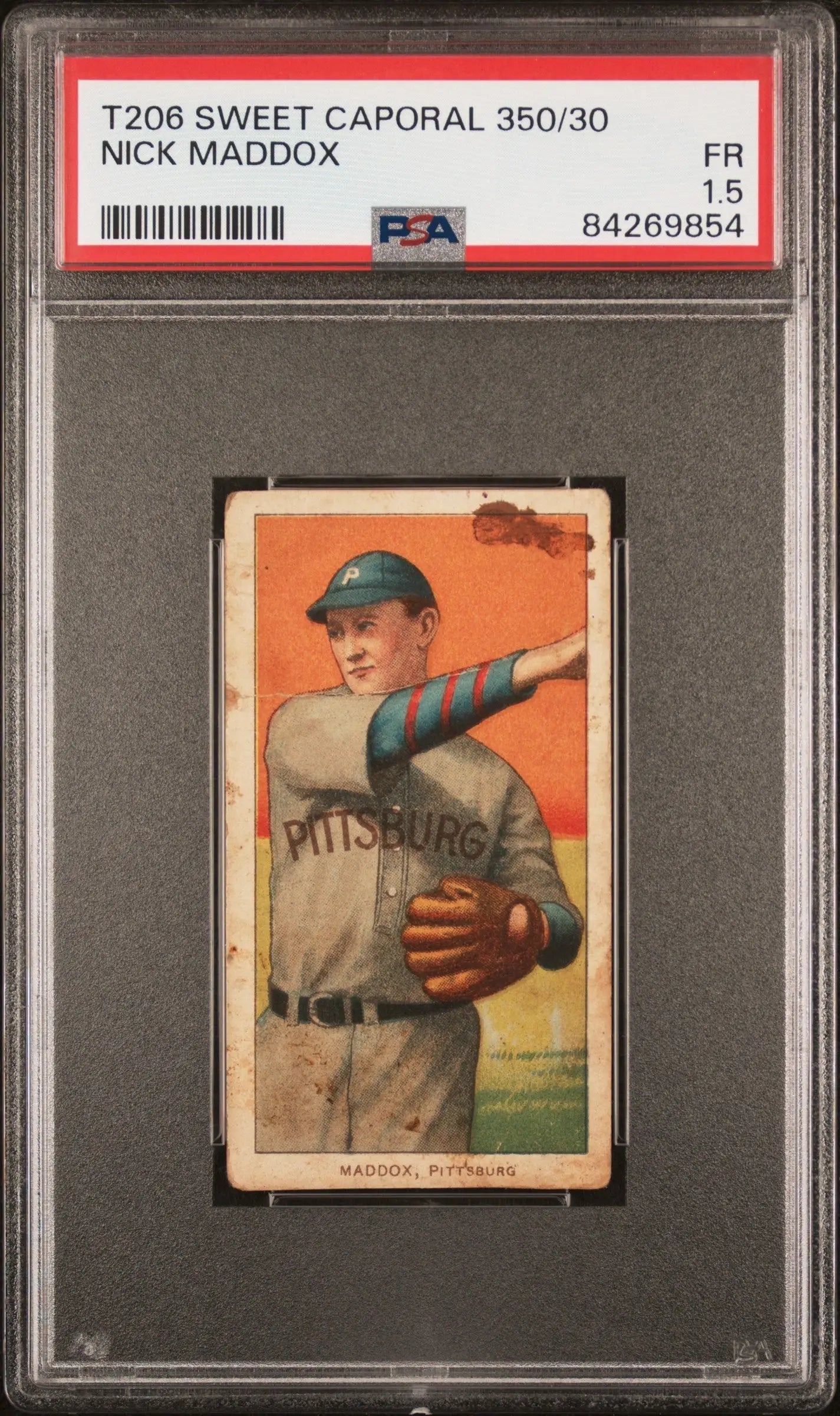 PSA-graded T206 Sweet Caporal Nick Maddox baseball card in throwing pose