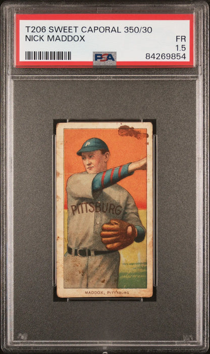 PSA-graded T206 Sweet Caporal Nick Maddox baseball card in throwing pose