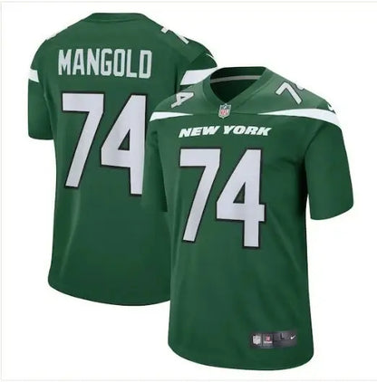 Green New York Jets Nike retired player jersey with number 74 featuring York Jets Nike logo