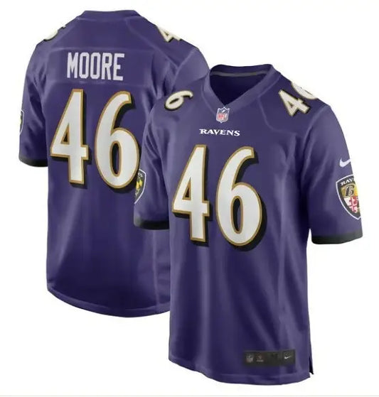 Purple Baltimore Ravens Nick Moore NFL jersey with white Moore 46 lettering