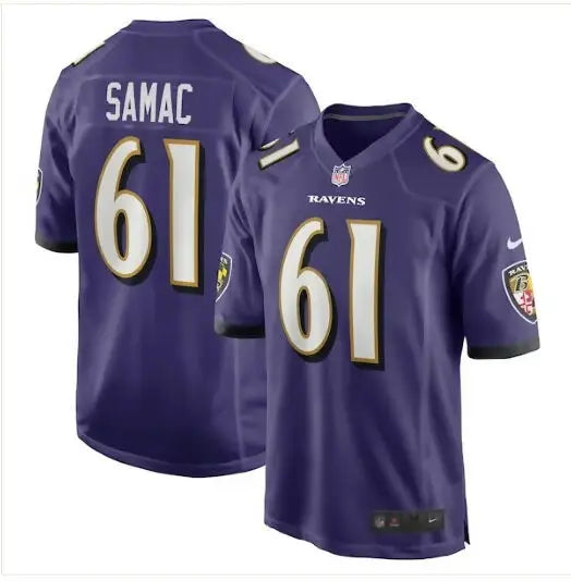 Purple Baltimore Ravens football jersey featuring Nick Samac Nike Team Game design
