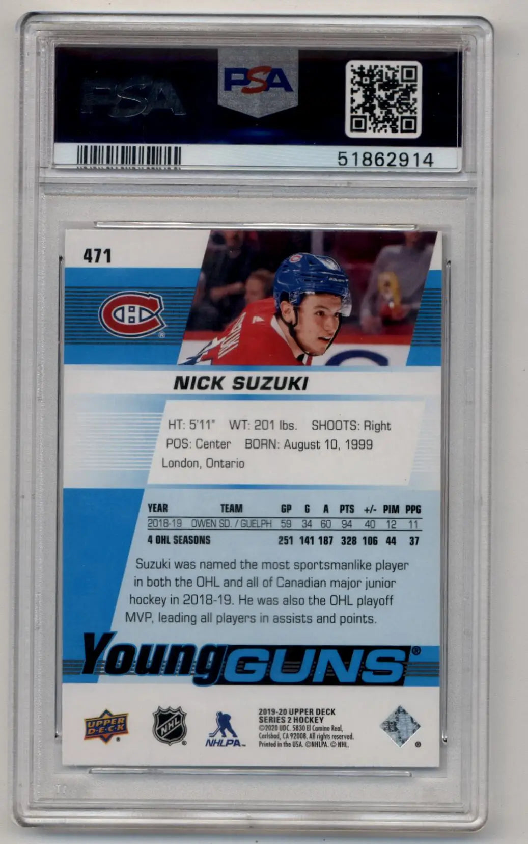 Nick Suzuki 2019-20 Upper Deck Young Gun #471 PSA 10 Gem Mint 2914 - Singles