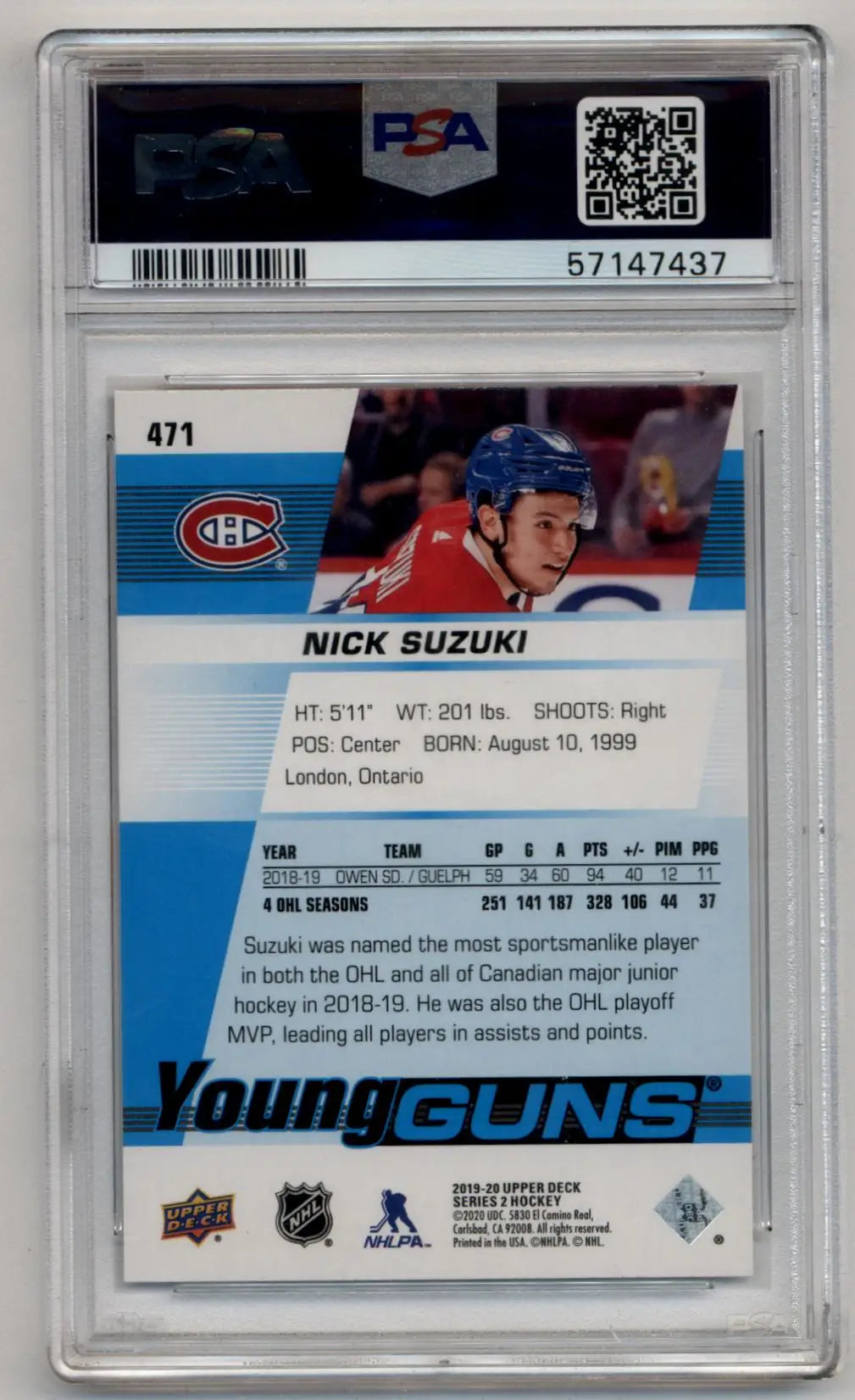 Nick Suzuki 2019-20 Upper Deck Young Gun #471 PSA 10 Gem Mint 7437 - Singles